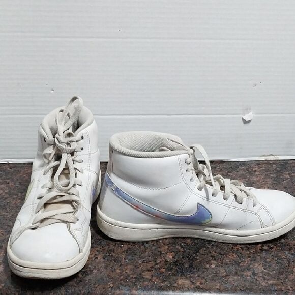 Nike White High-Top Sneakers with Iridescent Swoosh - Picture 1 of 6